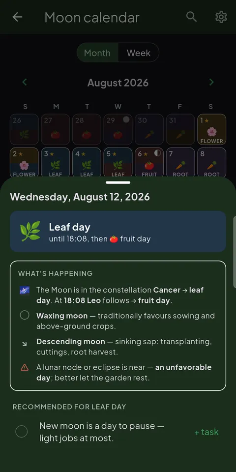 Tendask+: moon calendar in the app